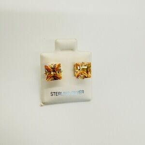 Brand New 7mm Peachy Yellow Square CZ 925 Sterling Silver Earrings